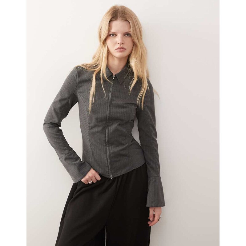 Weekday zip through shirt with flare sleeve detail in grey