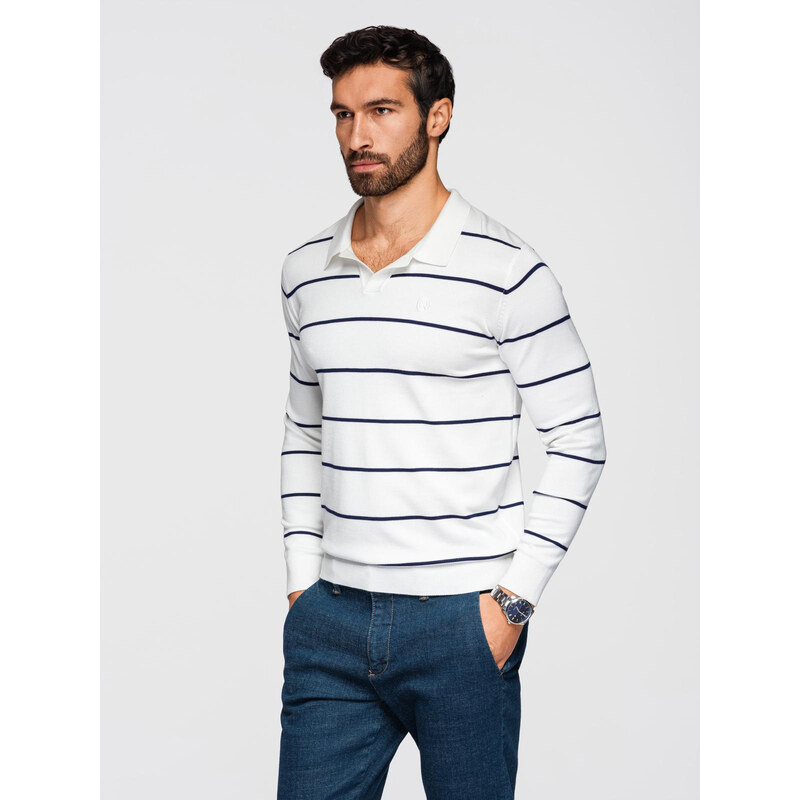 Ombre Mens horizontal striped polo longsleeve with viscose -