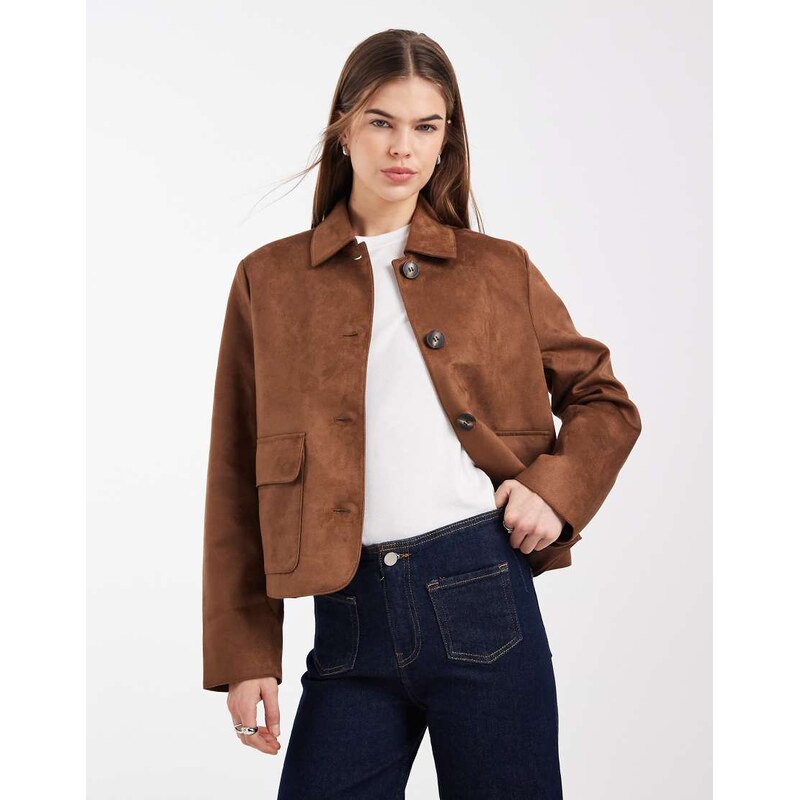 Vero Moda soft stretch faux suede short jacket in cognac-Red