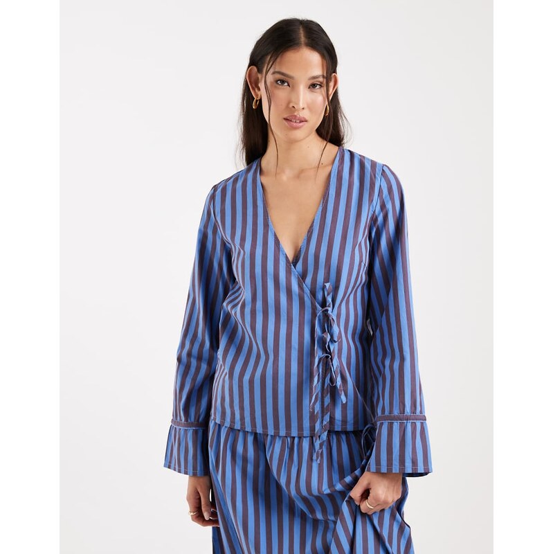 ONLY tie front shirt co-ord in blue and chocolate stripe 112703003