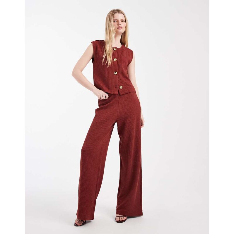 ONLY rib knit wide leg trouser co-ord in burnt rust-Red