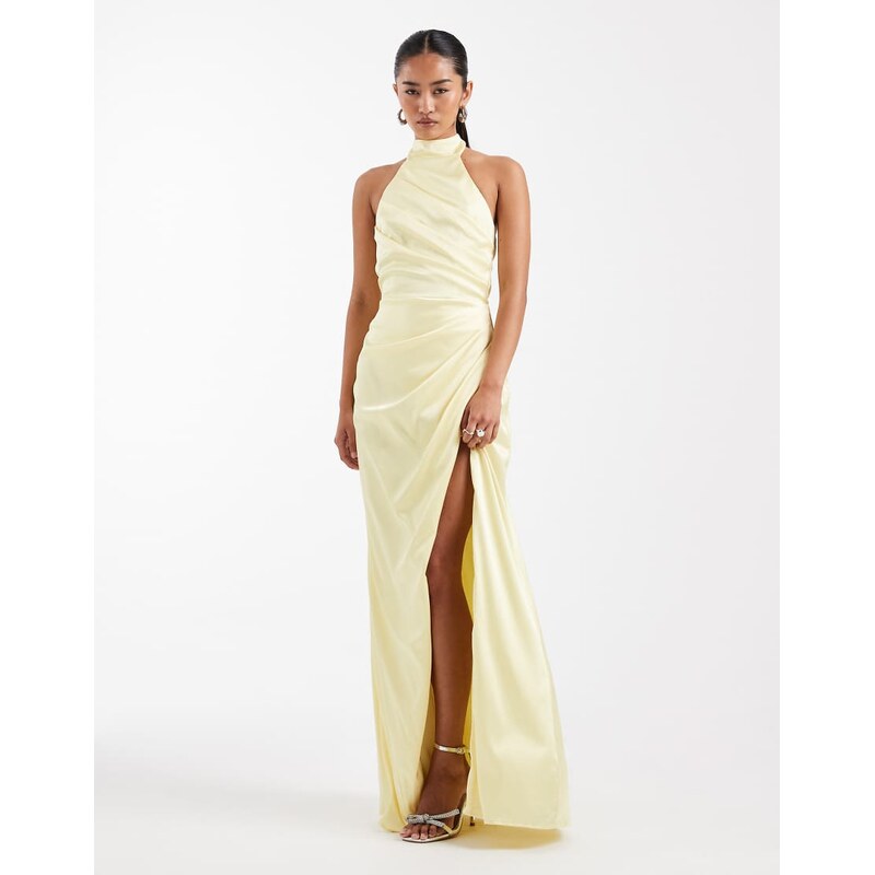 TFNC Bridesmaid satin halter neck pleat detail maxi dress in butter 115528989