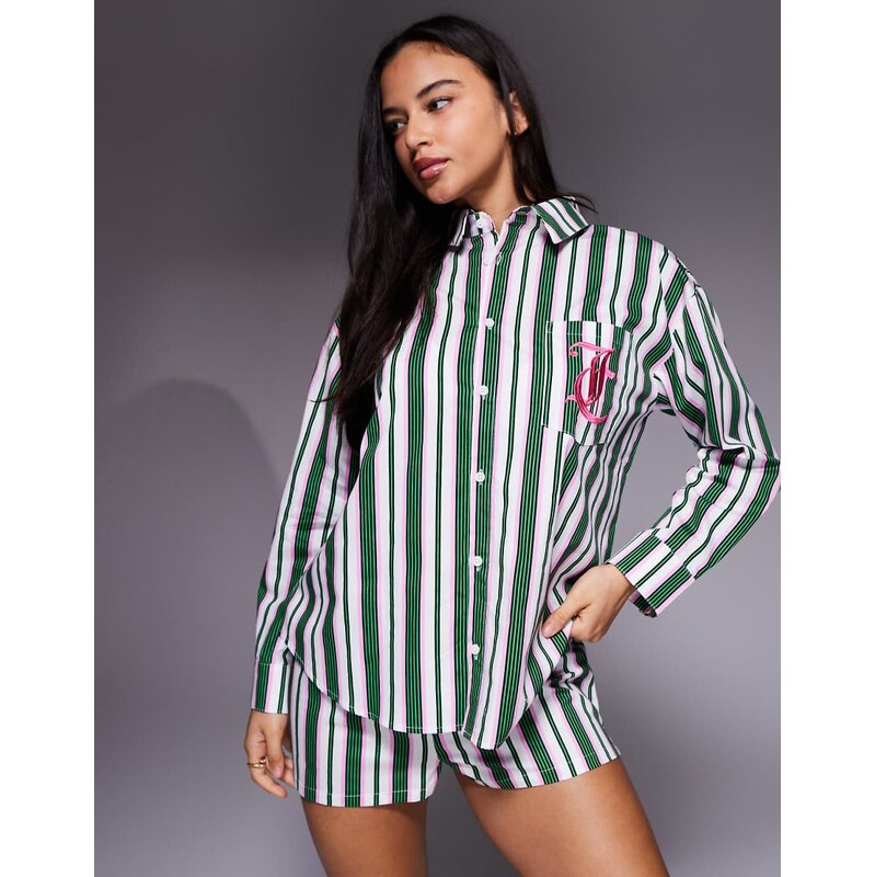 Juicy Couture co-ord logo long sleeve pyjama shirt in green and white 112703114