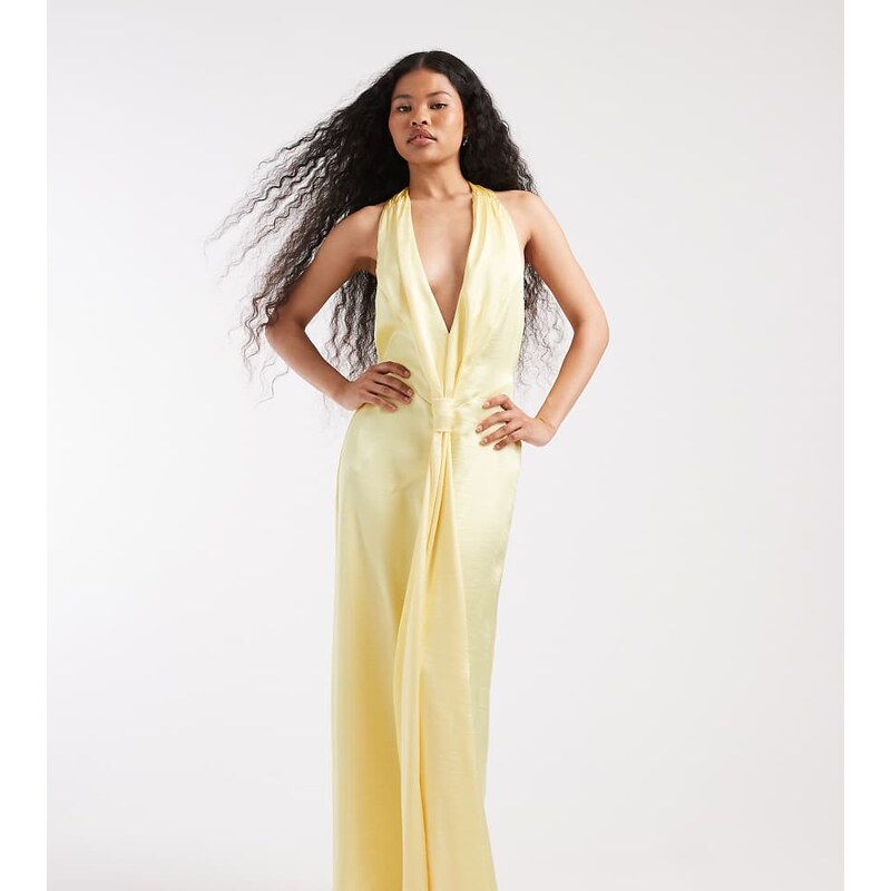 TFNC Petite Bridesmaid satin plunge halter neck tassel detail maxi 115518373