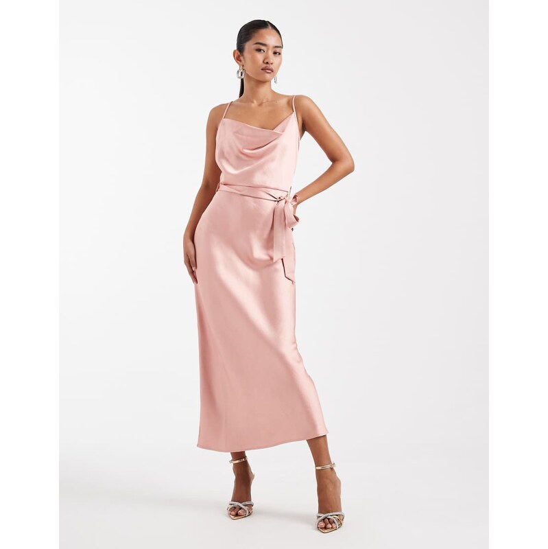 TFNC Bridesmaid satin cami tie waist midaxi dress in pink