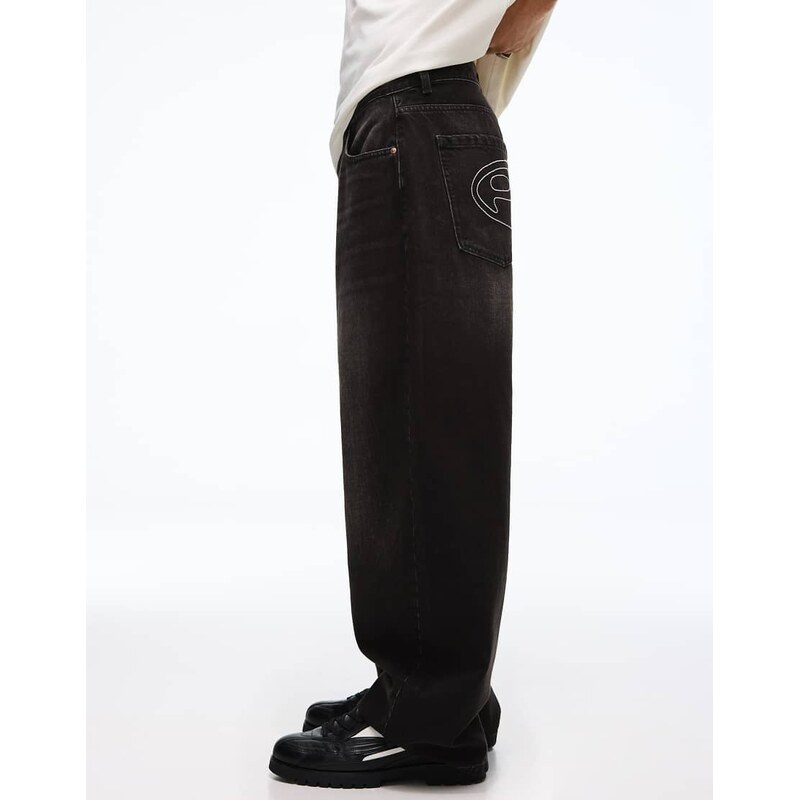 Bershka Embroidered barrel-leg jeans in black