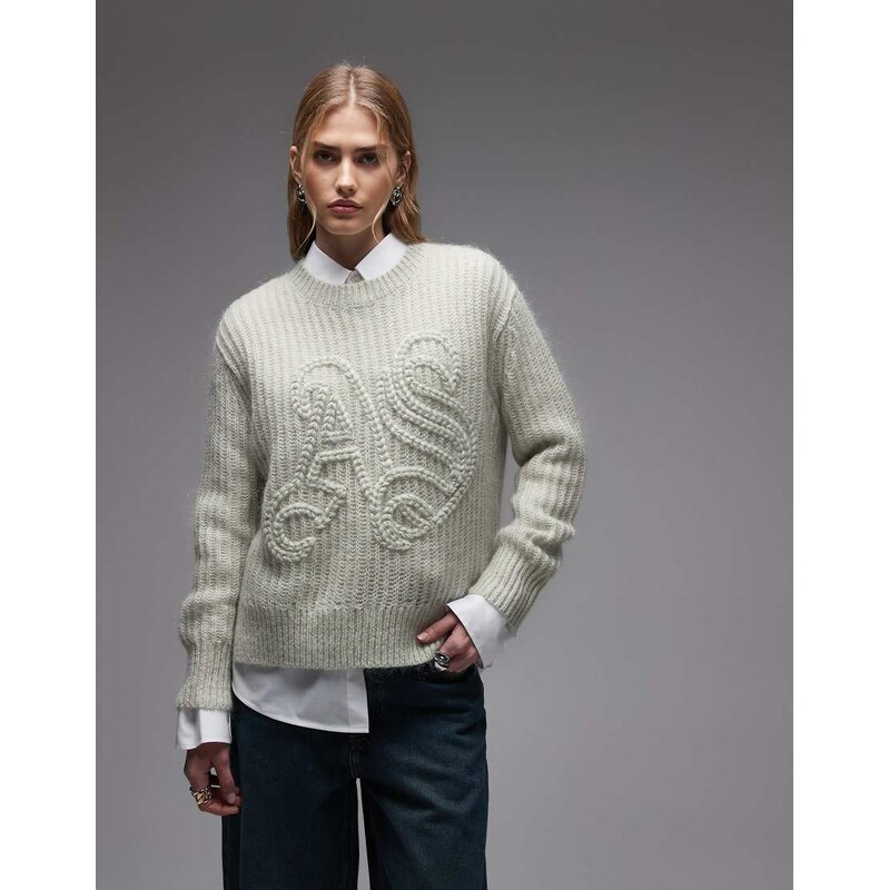 AllSaints embroiderd emblem crewneck jumper in pale green 112705732