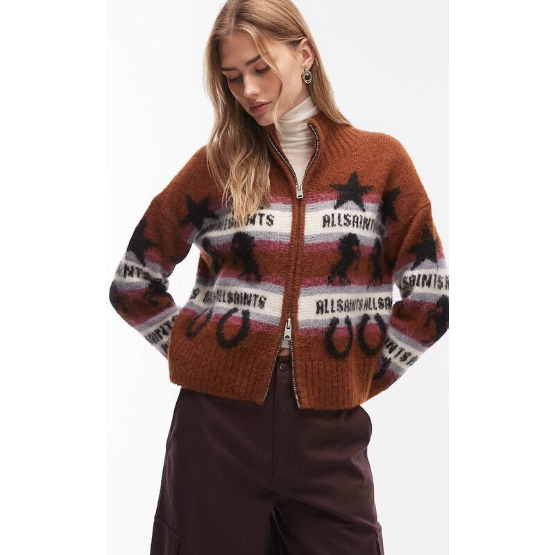 AllSaints Epona zip through cardigan in cognac brown 112705733