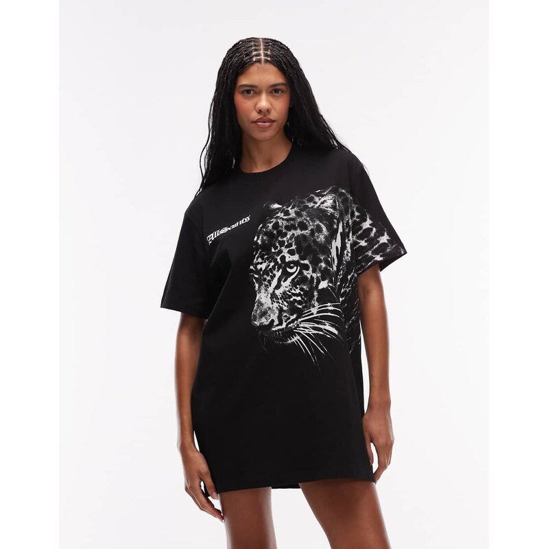 AllSaints zaya short sleeve printed mini tee dress in black