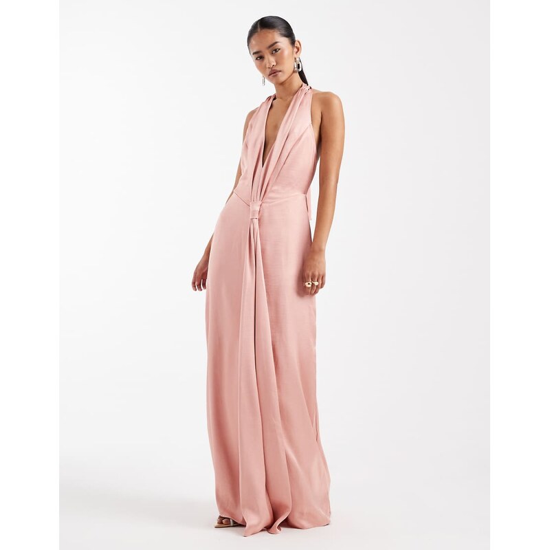 TFNC Bridesmaid satin plunge halter neck tassel detail maxi dress in 108488494