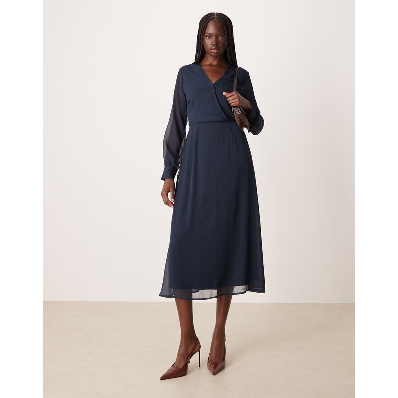 Vila long sleeve v-neck midi dress in navy