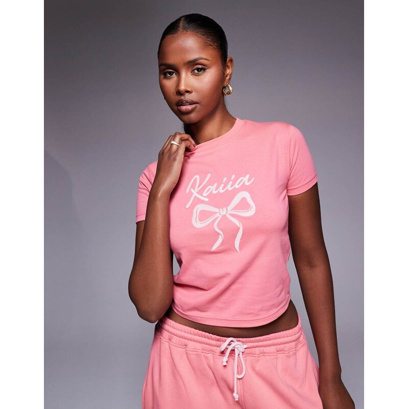 Kaiia embroidered bow logo crew neck short sleeve crop top co