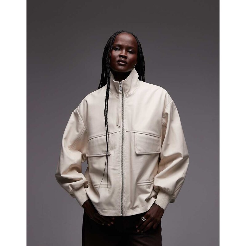 AllSaints Flor funnel neck leather bomber jacket in cream-White