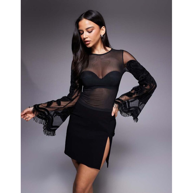ASOS DESIGN velvet embroidered flare sleeve mesh top with