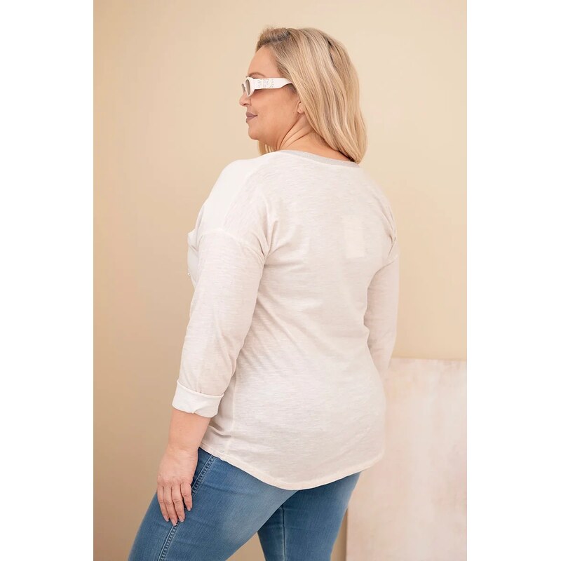 Kesi Włoski Dámská blůza Plus Size s potiskem a perlami béžová