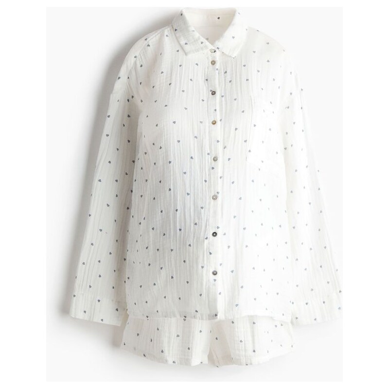 H&M - MAMA Mušelínové pyžamo Before & After - Bílé/Modrá Srdíčka