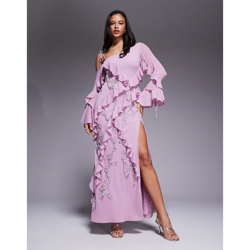 ASOS DESIGN raw edge ruffle embellished maxi dress with asymmetric 112717528