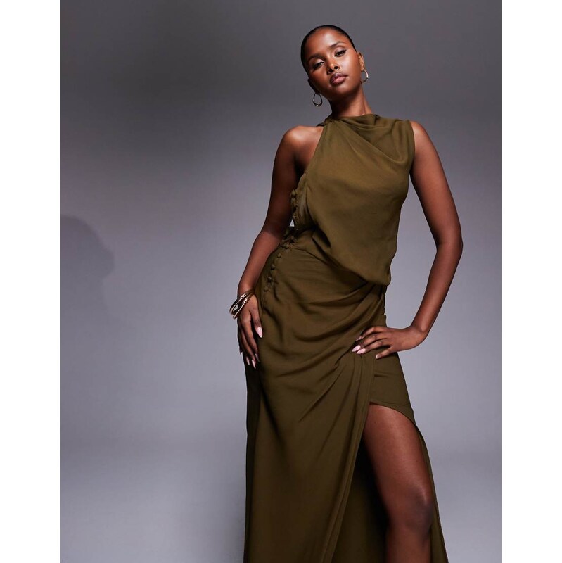 ASOS DESIGN button detail drape front maxi dress in khaki-Green
