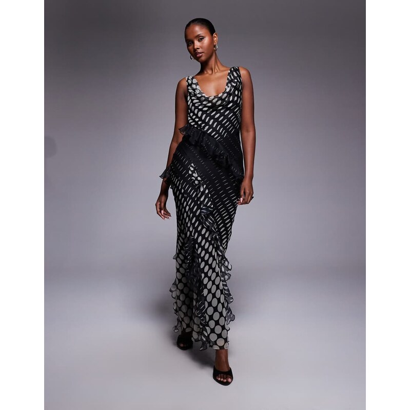 ASOS DESIGN cowl neck ruffle maxi dress in oversized spot print