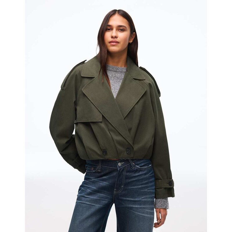 Bershka Short balloon trench jacket in khaki-Green