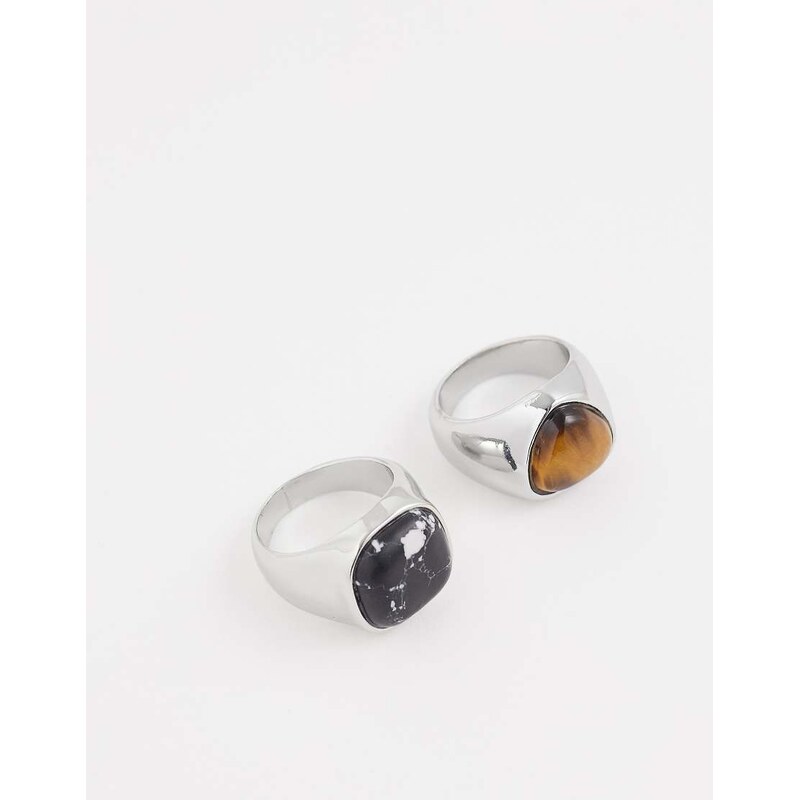 ASOS DESIGN 2 pack tigers eye and black stone signet rings in silver 103285152