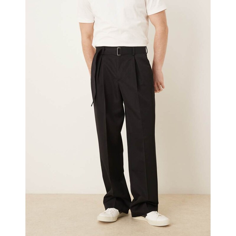 ASOS DESIGN smart wide leg trouser with belt detail in black