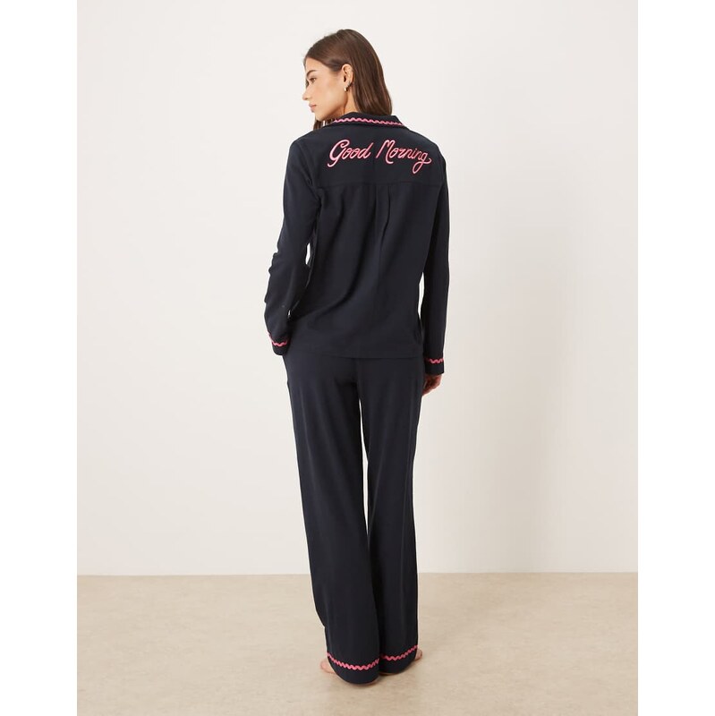 Chelsea Peers long button up pyjama set with good morning embroidery 112746381
