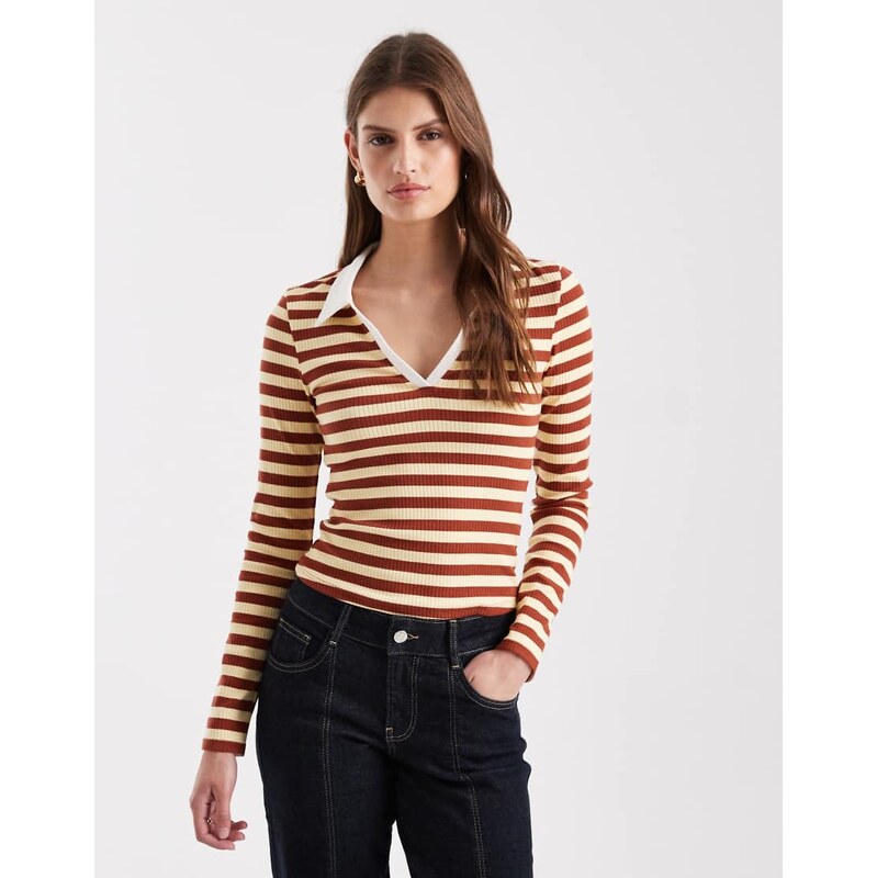 Miss Selfridge stripe rib long sleeve polo top-Multi