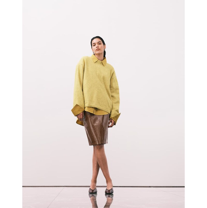 ASOS DESIGN faux leather clean 90s length midi skirt in camel