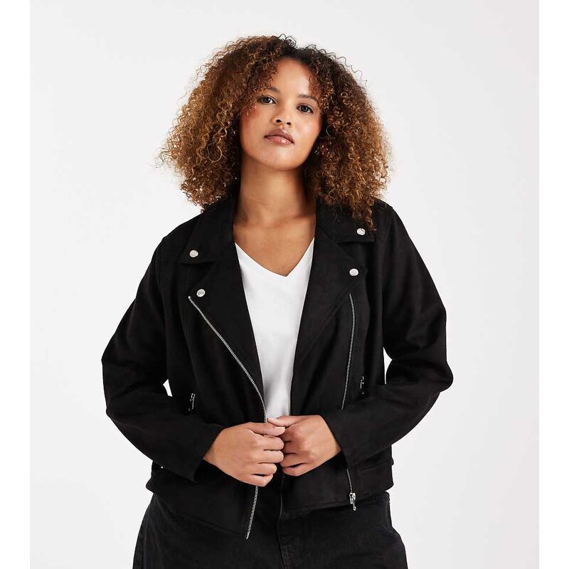 Vero Moda Curve faux suede biker jacket with washed effect in black 112730624