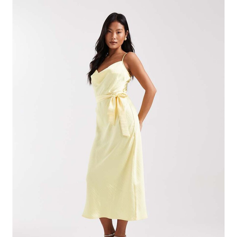 TFNC Petite Bridesmaid satin cami tie waist midaxi dress in butter 115518372