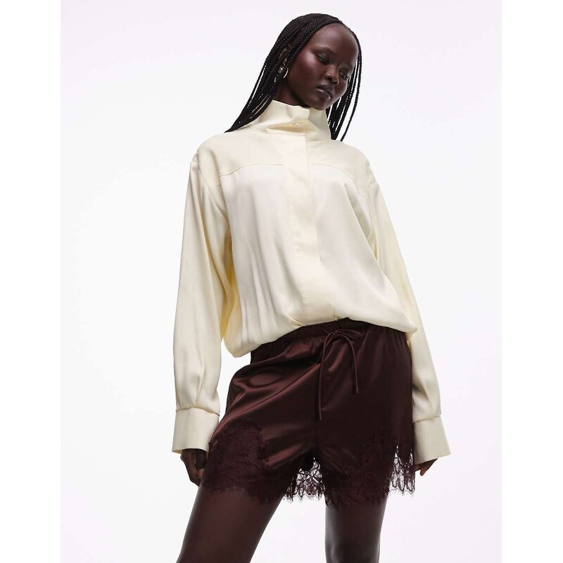 ASOS DESIGN satin lace trim drawstring waist short in brown 113465064