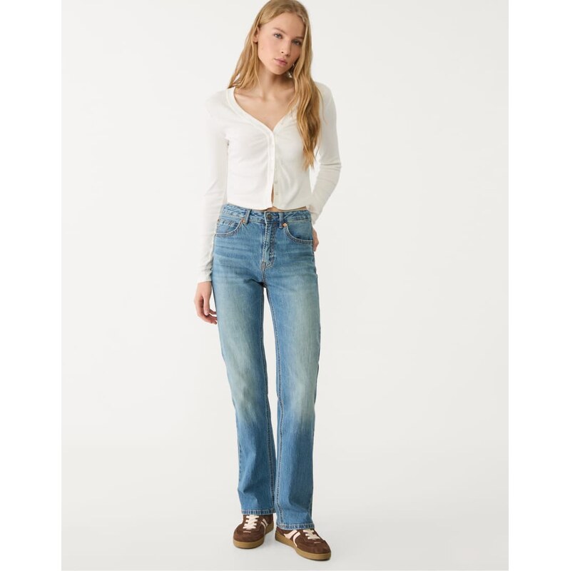 Stradivarius D98 straight-leg vintage effect jeans in medium navy blue 112730638