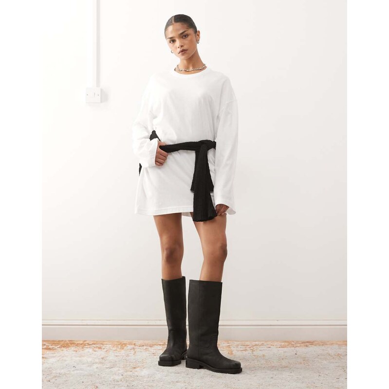 Weekday oversized long sleeve t-shirt dress in white 115549907