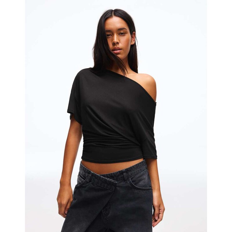 Bershka Asymmetric print short sleeve t-shirt in black