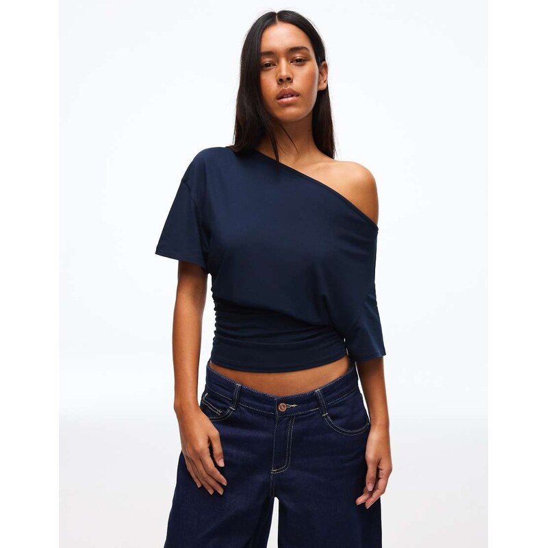 Bershka Asymmetric print short sleeve t-shirt in denim blue 112730681