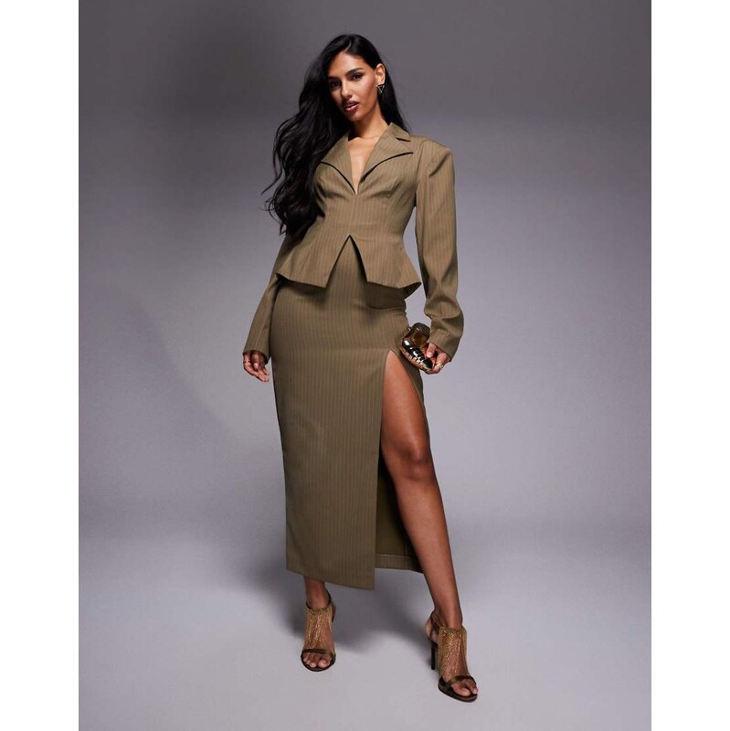 ASOS LUXE cinched blazer midi dress in khaki pinstripe-Green 115528980