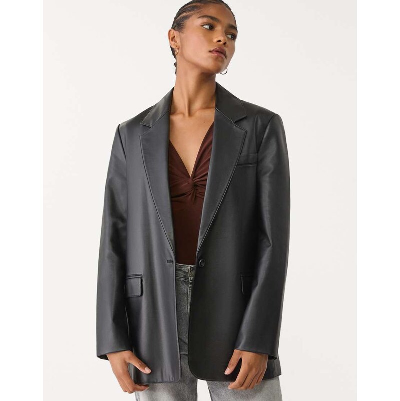 Stradivarius faux leather blazer in black 112730743