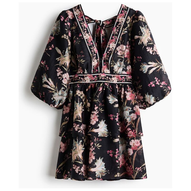 H&M - Šaty z lněné směsi - Černá/Květy