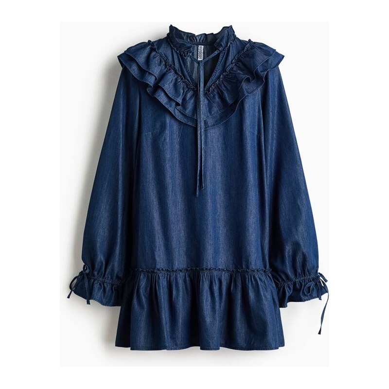 H&M - Džínové šatys volánkovým lemem - Tmavý Denim Blue