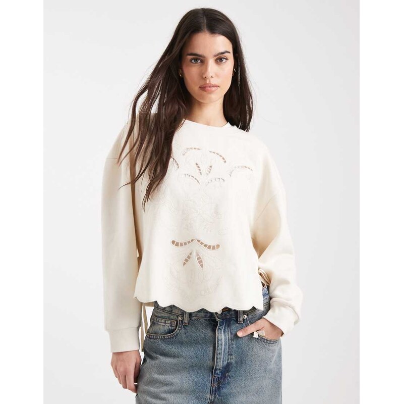 Miss Selfridge embroidered tie side sweatshirt in cream-White