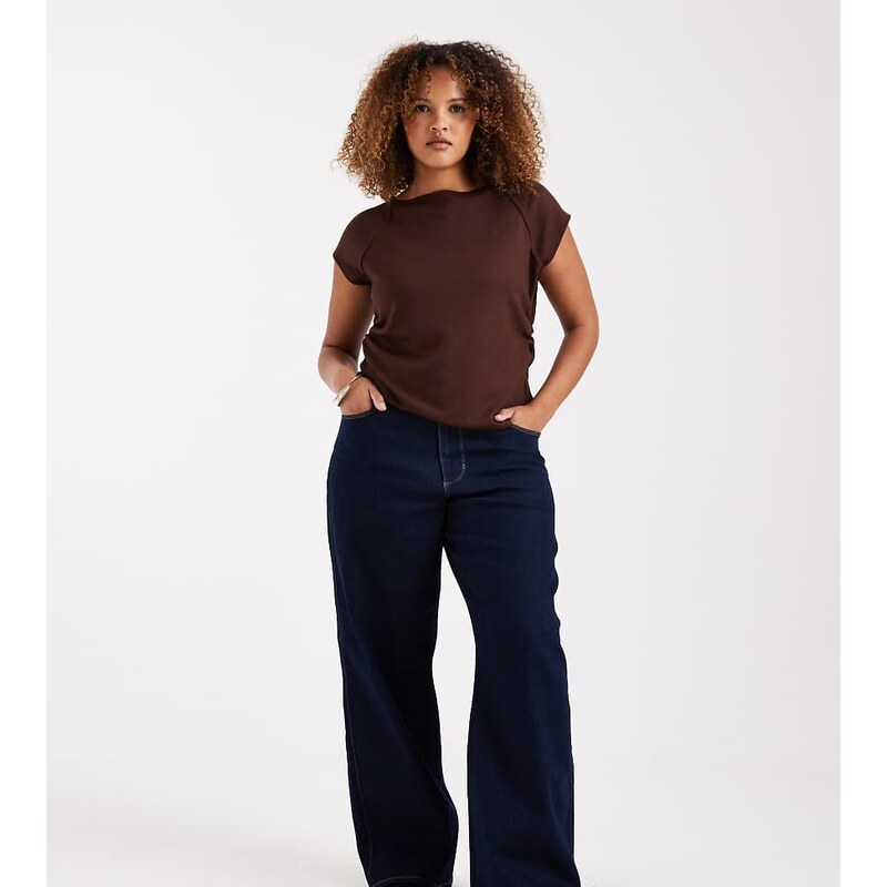 ONLY Curve Snow high waist wide leg jeans in dark blue