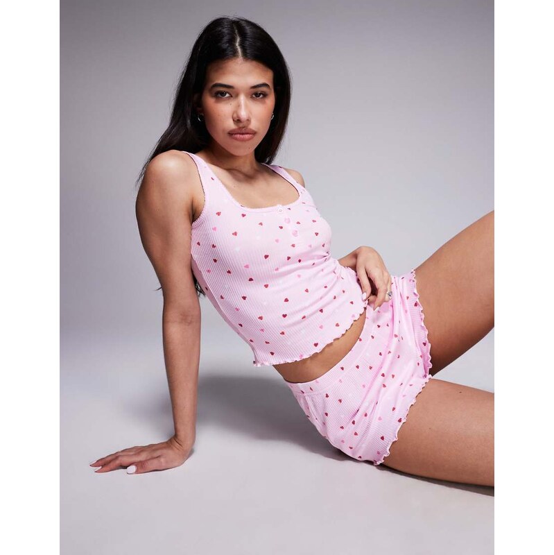 Boux Avenue heart rib short and cami pyjama set in pink 113421243