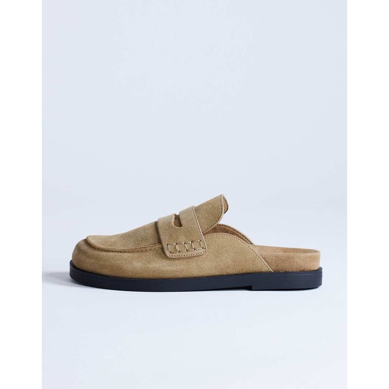 Topshop Addie real suede mule loafer in taupe-Neutral