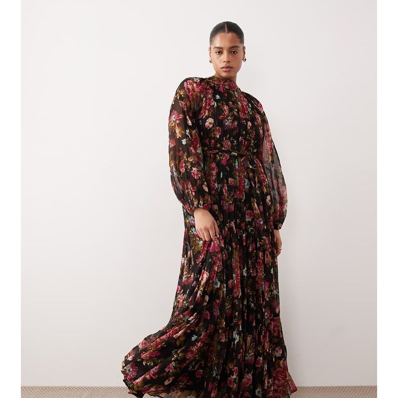 Lace & Beads Plus long sleeve maxi dress in black floral print 112939751