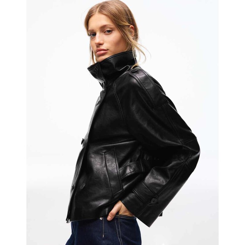 Bershka Short leather effect trench coat in black