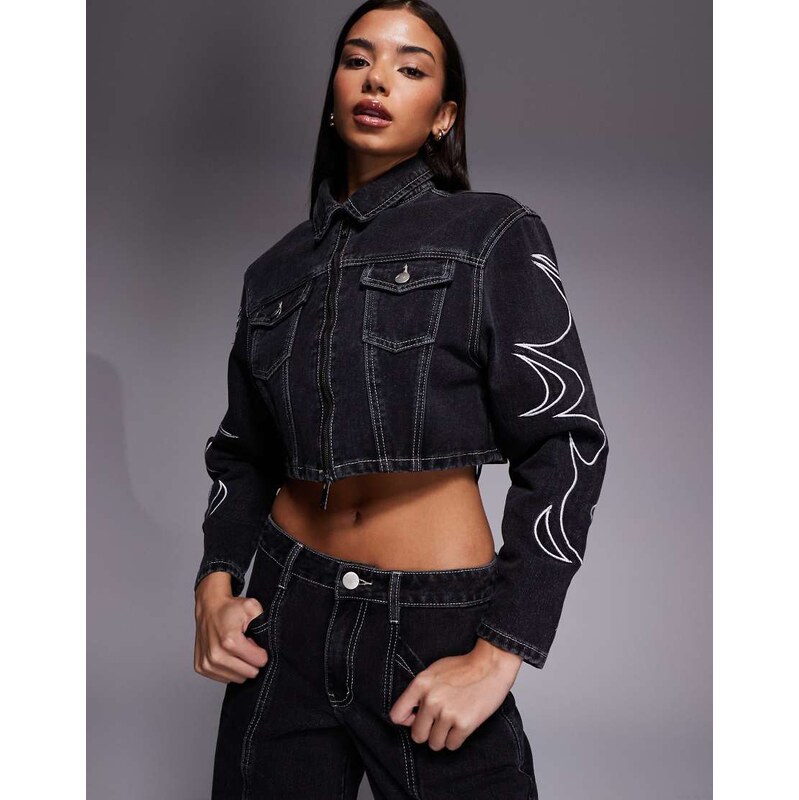 Liquor N Poker boxy denim jacket with applique detail co-ord in black 113089119