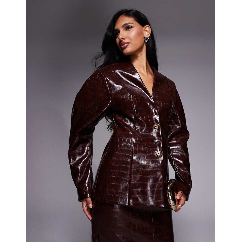 ASOS LUXE co-ord croc structured blazer with gold buttons in chocolate 113369594