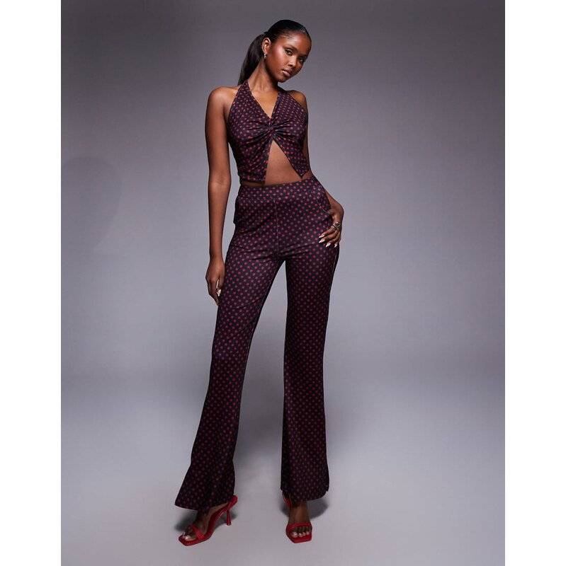 Liquor N Poker dazed mid rise flare trouser co-ord in red polka dot 112740784