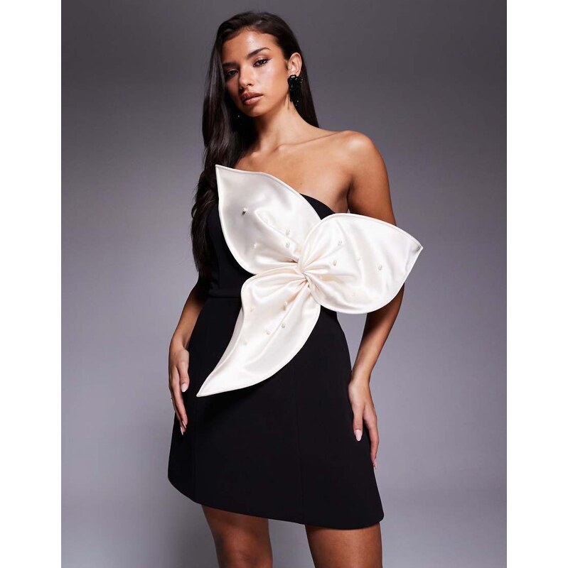 ASOS LUXE bandeau mini dress with 3D flower in black